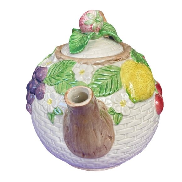 Fitz Floyd Fruit Teapot Basket Weave 42 oz Vintage 1990 Cottagecore Farm MCM - Picture 2 of 5